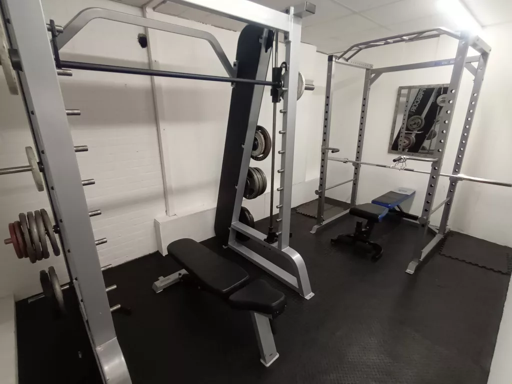 bench rack and deadlift area